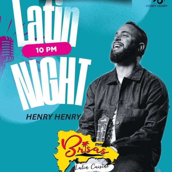 Man with a beard smiling, holding a guitar, with "Latin Night" text and a Brisas Latin Cuisine logo.