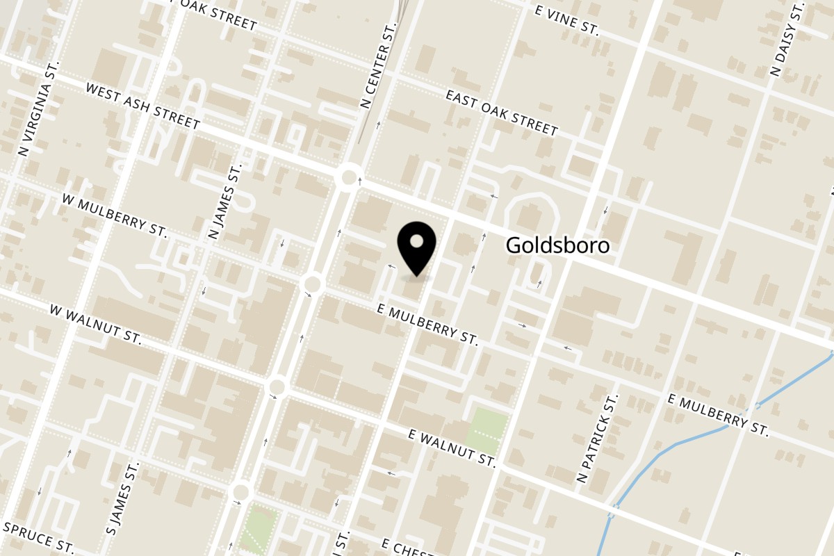 Map showing the location of Brisas Latín Cuisine on 217 N John St in Goldsboro